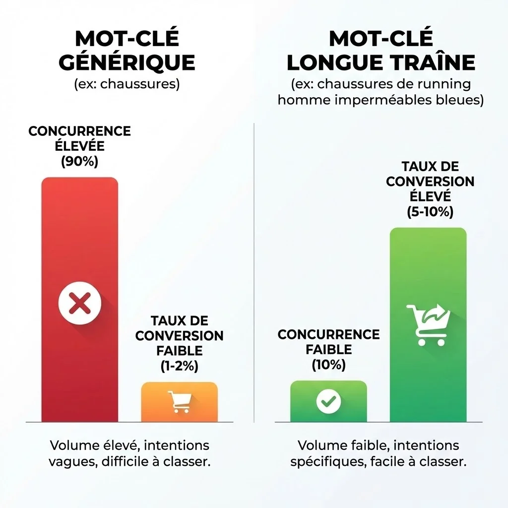 [Comparaison mot-clé générique vs longue traîne]